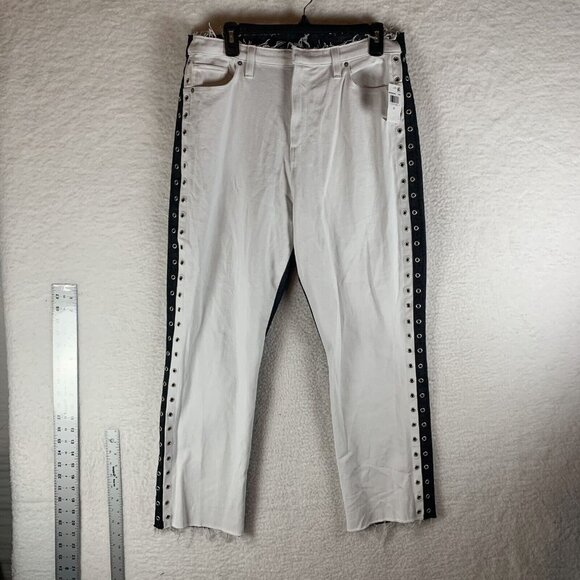 Hudson Holly Straight Jeans‎ Womens 32 White Black Denim Grommet Frayed Hem 9766 - Picture 1 of 15